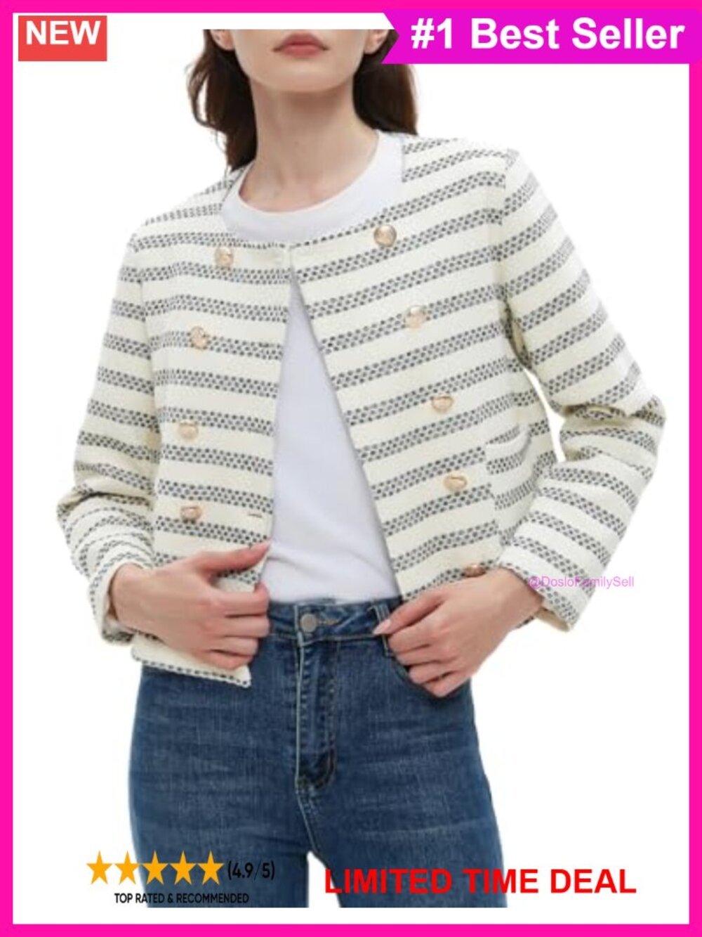 Cropped Tweed Blazer Jacket Long Sleeve Open Front Business Casual